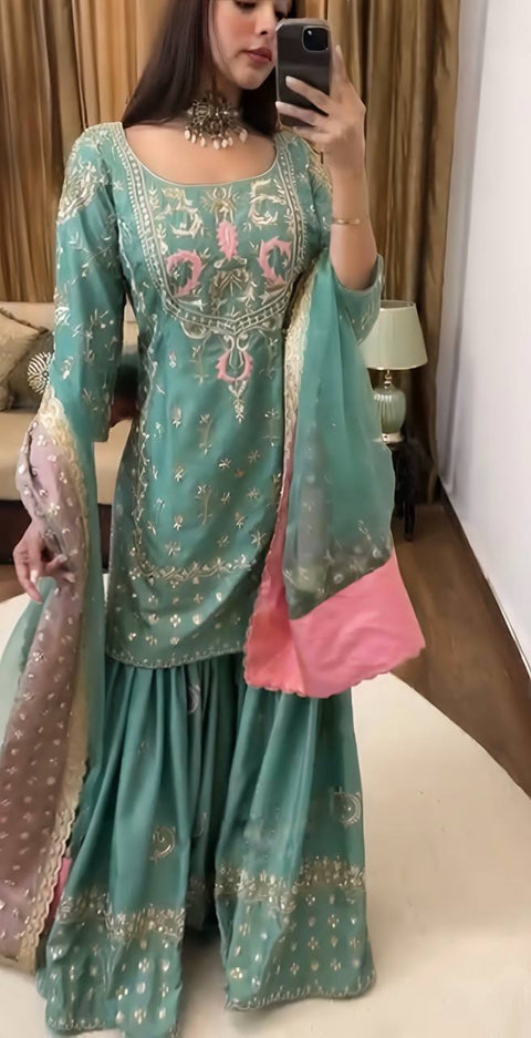 New Designer Party Wear Look Top-Plazzo and Dupatta With Heavy Embroidery Work