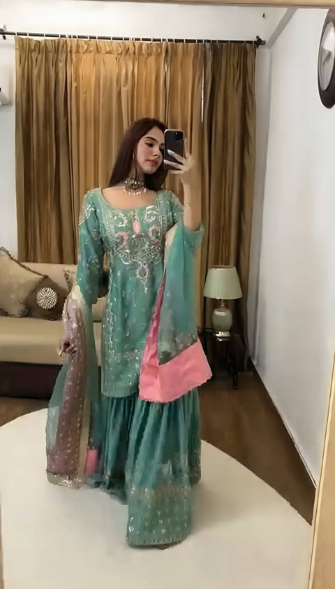 New Designer Party Wear Look Top-Plazzo and Dupatta With Heavy Embroidery Work