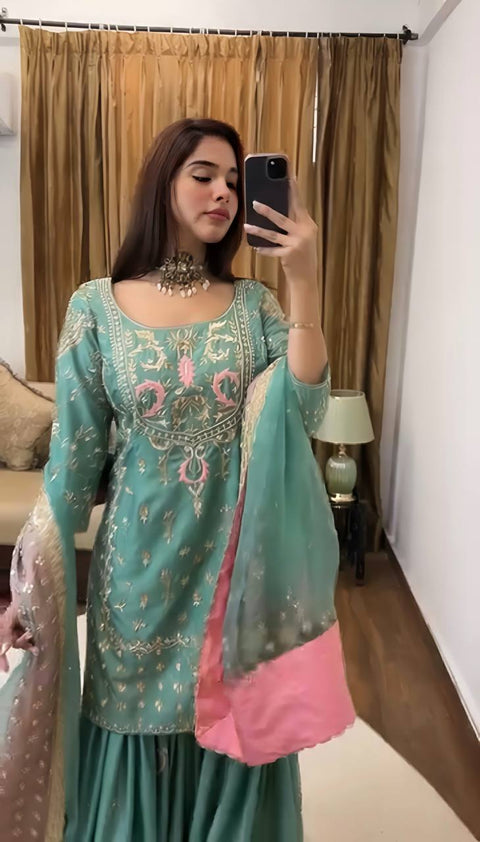 New Designer Party Wear Look Top-Plazzo and Dupatta With Heavy Embroidery Work