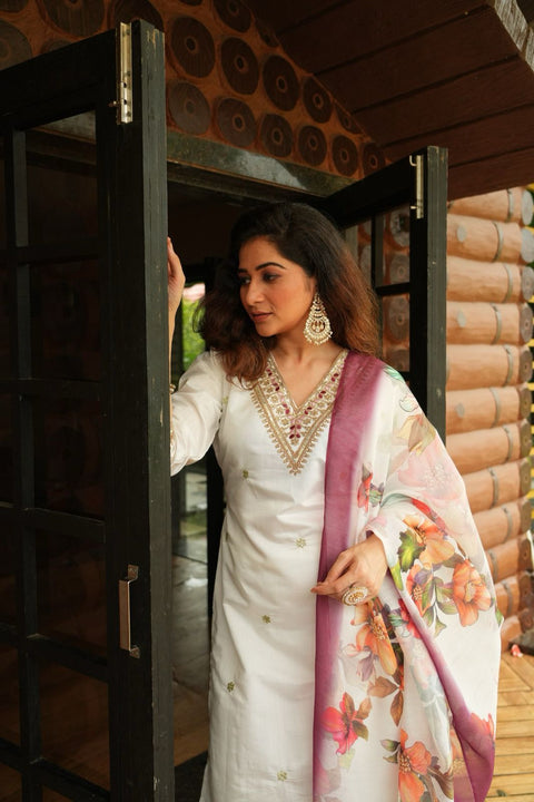 woman wear fancy codding work kurti with pant and duppata