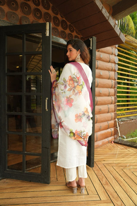 woman wear fancy codding work kurti with pant and duppata