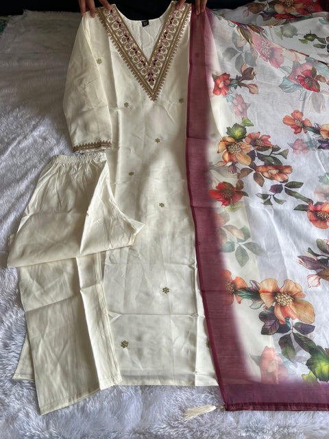 woman wear fancy codding work kurti with pant and duppata
