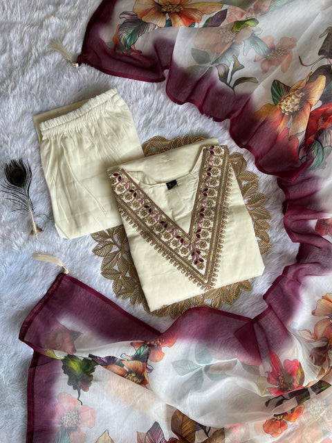 woman wear fancy codding work kurti with pant and duppata