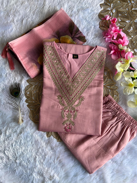 Fully Stitched Kurti Pant Dupatta Set With Beautifull Hand Embroidery Work