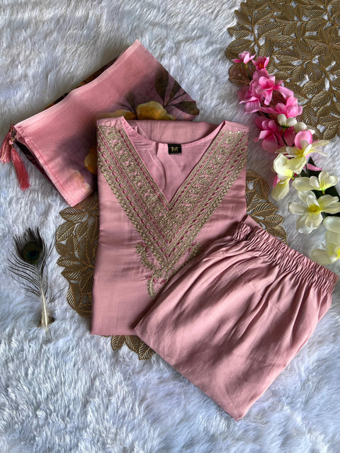 Fully Stitched Kurti Pant Dupatta Set With Beautifull Hand Embroidery Work