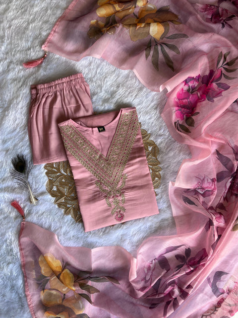 Fully Stitched Kurti Pant Dupatta Set With Beautifull Hand Embroidery Work