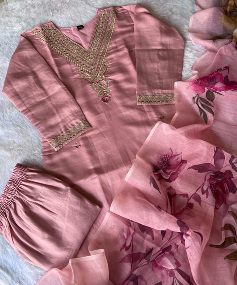 Fully Stitched Kurti Pant Dupatta Set With Beautifull Hand Embroidery Work