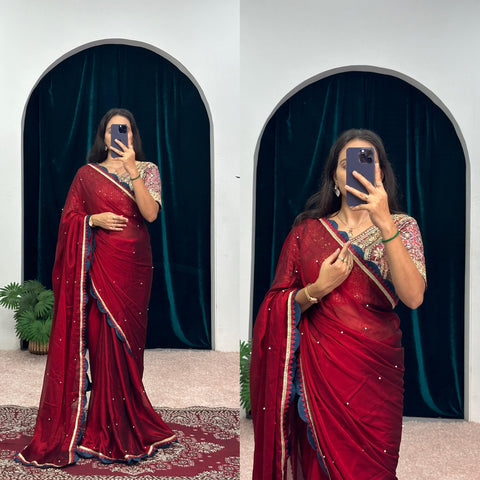 Siroski Diamond Work Georgette Fabric Sareee