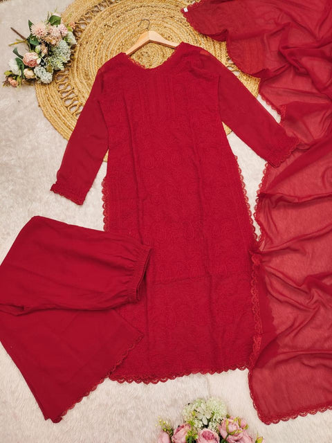 chikankari georgette full jaal work kurti with shalwar and dupatta