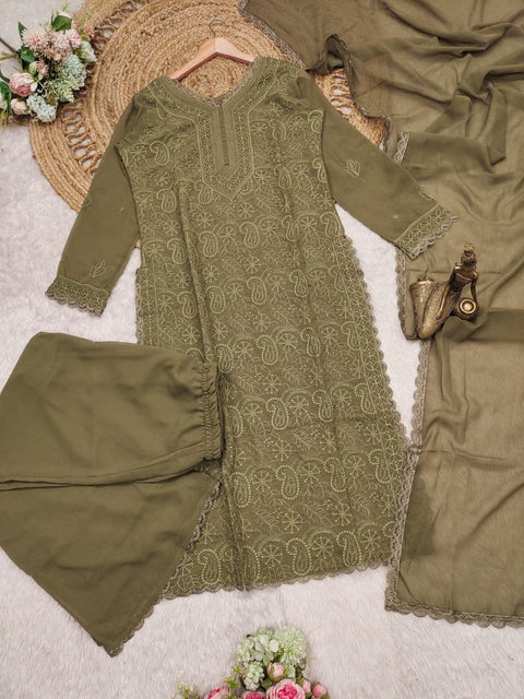 chikankari georgette full jaal work kurti with shalwar and dupatta