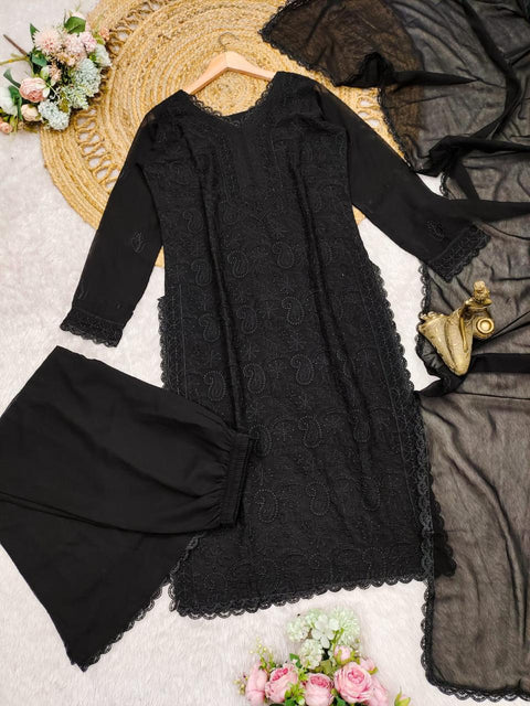 chikankari georgette full jaal work kurti with shalwar and dupatta