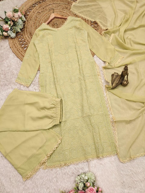 chikankari georgette full jaal work kurti with shalwar and dupatta