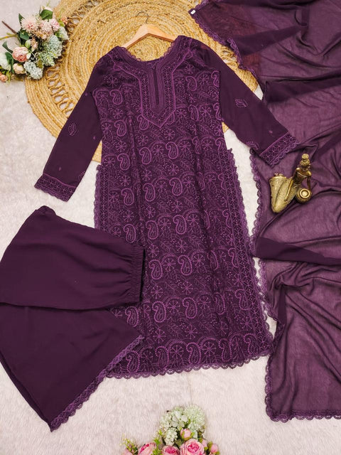 chikankari georgette full jaal work kurti with shalwar and dupatta