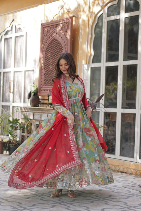 Traditional Kalamkari Anarkali in Pure Soft Fox Georgette | Includes Matching Dupatt