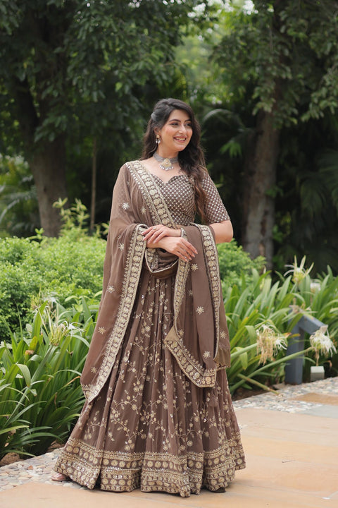 Brown Faux Blooming With Embroidered Sequins Lehenga Choli