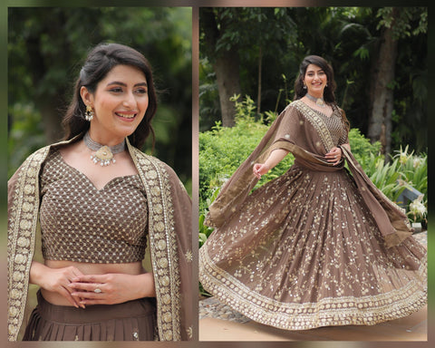 Brown Faux Blooming With Embroidered Sequins Lehenga Choli