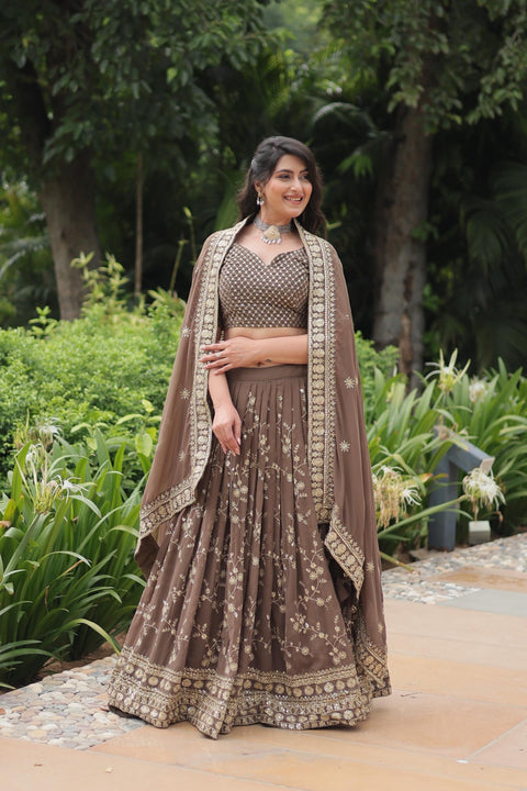 Brown Faux Blooming With Embroidered Sequins Lehenga Choli