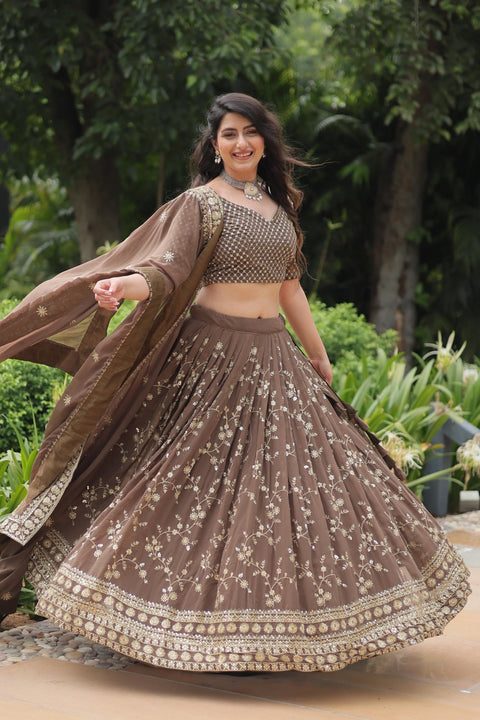Brown Faux Blooming With Embroidered Sequins Lehenga Choli