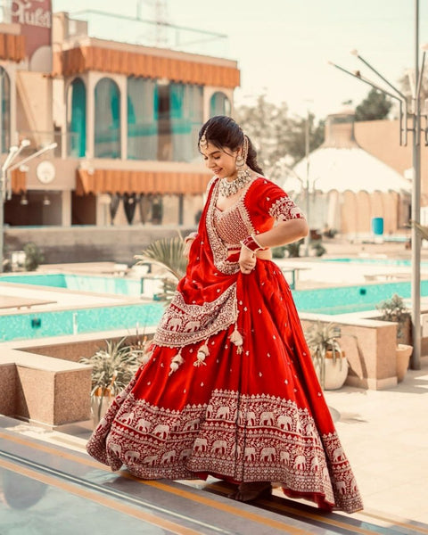 Beautiful Red Georgette Lehenga Choli Heavy Chain Stitch Work With Net Dupatta