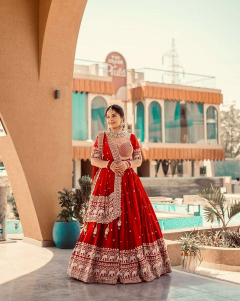 Beautiful Red Georgette Lehenga Choli Heavy Chain Stitch Work With Net Dupatta