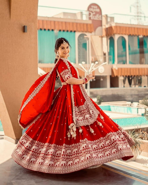 Beautiful Red Georgette Lehenga Choli Heavy Chain Stitch Work With Net Dupatta