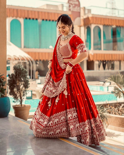 Beautiful Red Georgette Lehenga Choli Heavy Chain Stitch Work With Net Dupatta