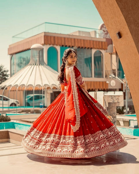 Beautiful Red Georgette Lehenga Choli Heavy Chain Stitch Work With Net Dupatta