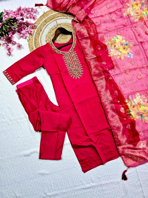 Floral Embroidered V-Neck Sequined Zari Work Straight Kurti With dupatta