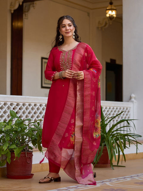 Floral Embroidered V-Neck Sequined Zari Work Straight Kurti With dupatta
