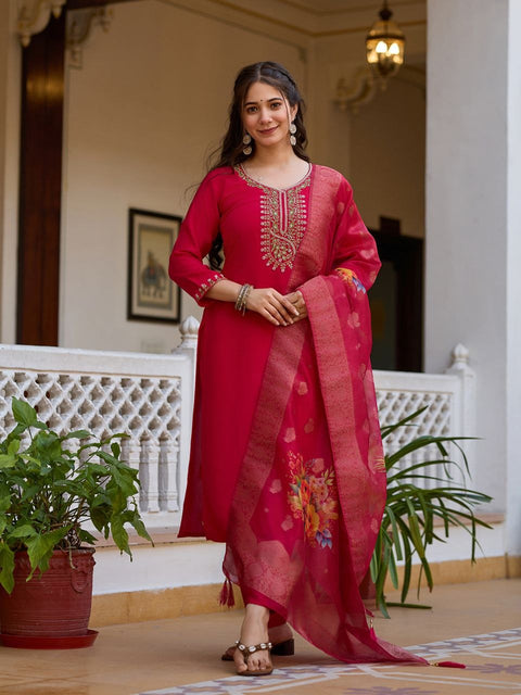 Floral Embroidered V-Neck Sequined Zari Work Straight Kurti With dupatta