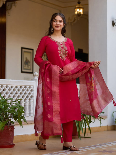 Floral Embroidered V-Neck Sequined Zari Work Straight Kurti With dupatta