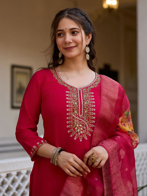 Floral Embroidered V-Neck Sequined Zari Work Straight Kurti With dupatta