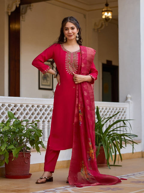 Floral Embroidered V-Neck Sequined Zari Work Straight Kurti With dupatta