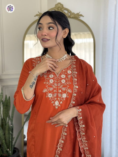 New Trading Chanderi Cotton Embroidered Work Kurti Pant and Dupatta SUIT