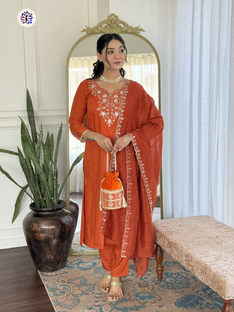 New Trading Chanderi Cotton Embroidered Work Kurti Pant and Dupatta SUIT