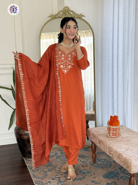 New Trading Chanderi Cotton Embroidered Work Kurti Pant and Dupatta SUIT