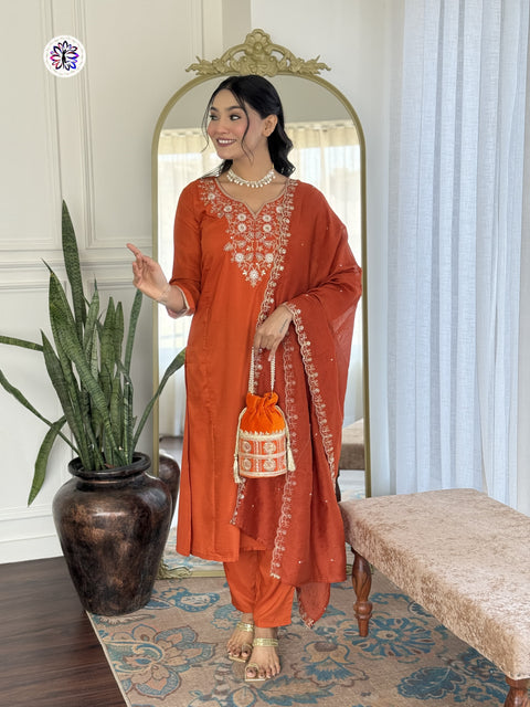 New Trading Chanderi Cotton Embroidered Work Kurti Pant and Dupatta SUIT