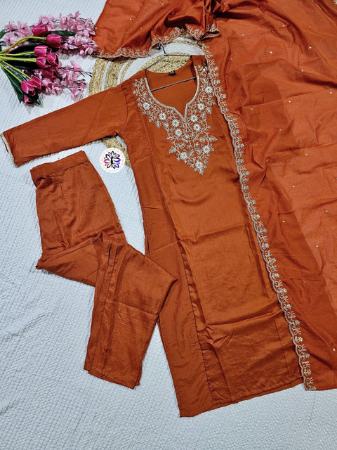 New Trading Chanderi Cotton Embroidered Work Kurti Pant and Dupatta SUIT