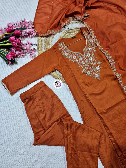 New Trading Chanderi Cotton Embroidered Work Kurti Pant and Dupatta SUIT