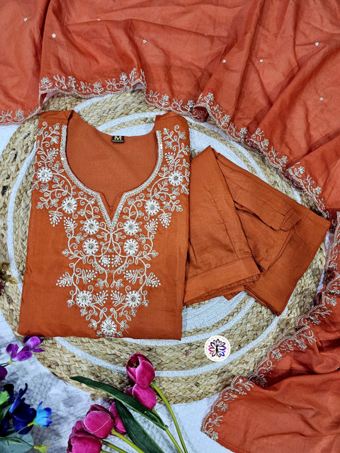 New Trading Chanderi Cotton Embroidered Work Kurti Pant and Dupatta SUIT