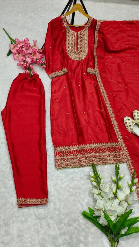 New Designer Party Wear Look Pure Chinnon Silk Stitched Suit