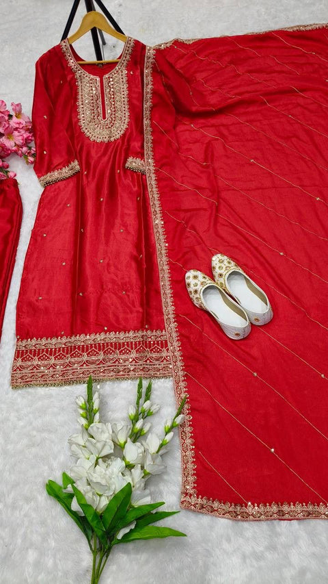 New Designer Party Wear Look Pure Chinnon Silk Stitched Suit