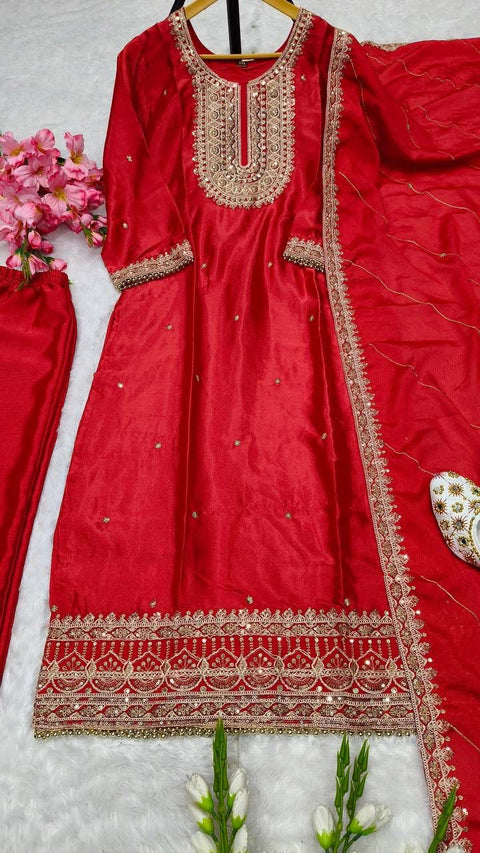New Designer Party Wear Look Pure Chinnon Silk Stitched Suit