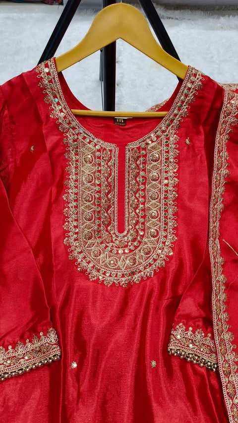 New Designer Party Wear Look Pure Chinnon Silk Stitched Suit