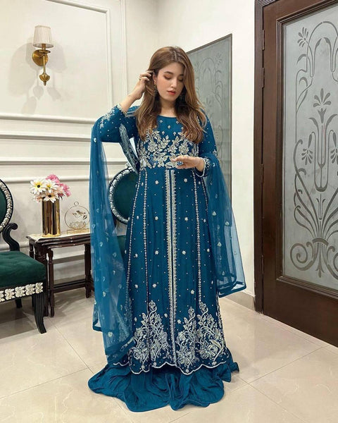 Fully Stitched Sequence Embroidered Georgette Anarkali Gown