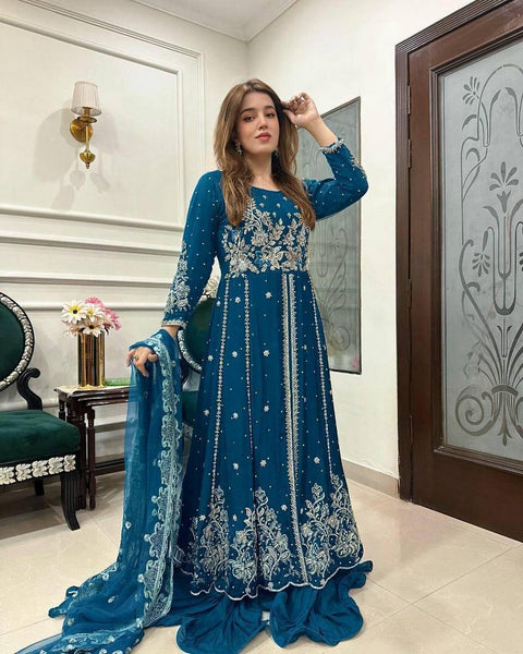 Fully Stitched Sequence Embroidered Georgette Anarkali Gown