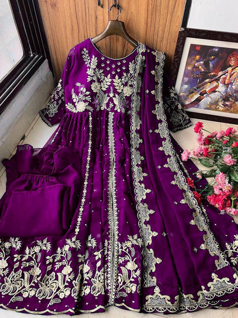 Fully Stitched Sequence Embroidered Georgette Anarkali Gown