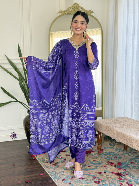 Floral Embroidered Sequinned Kurti with Trousers & Dupatta