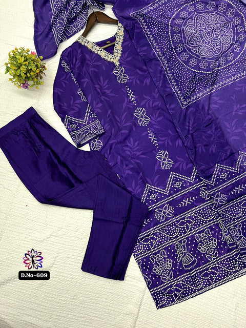 Floral Embroidered Sequinned Kurti with Trousers & Dupatta