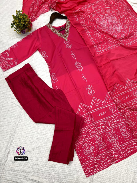 Floral Embroidered Sequinned Kurti with Trousers & Dupatta